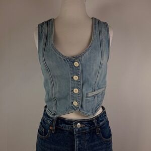 Light Wash Denim Corset Vest Cropped Button Front Fitted Western Top